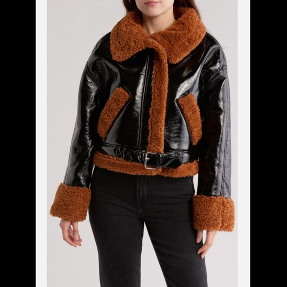 BLANK NYC Moto Jacket Vegan Patent Leather Faux Shearling Black Copper M NWT - Picture 14 of 14